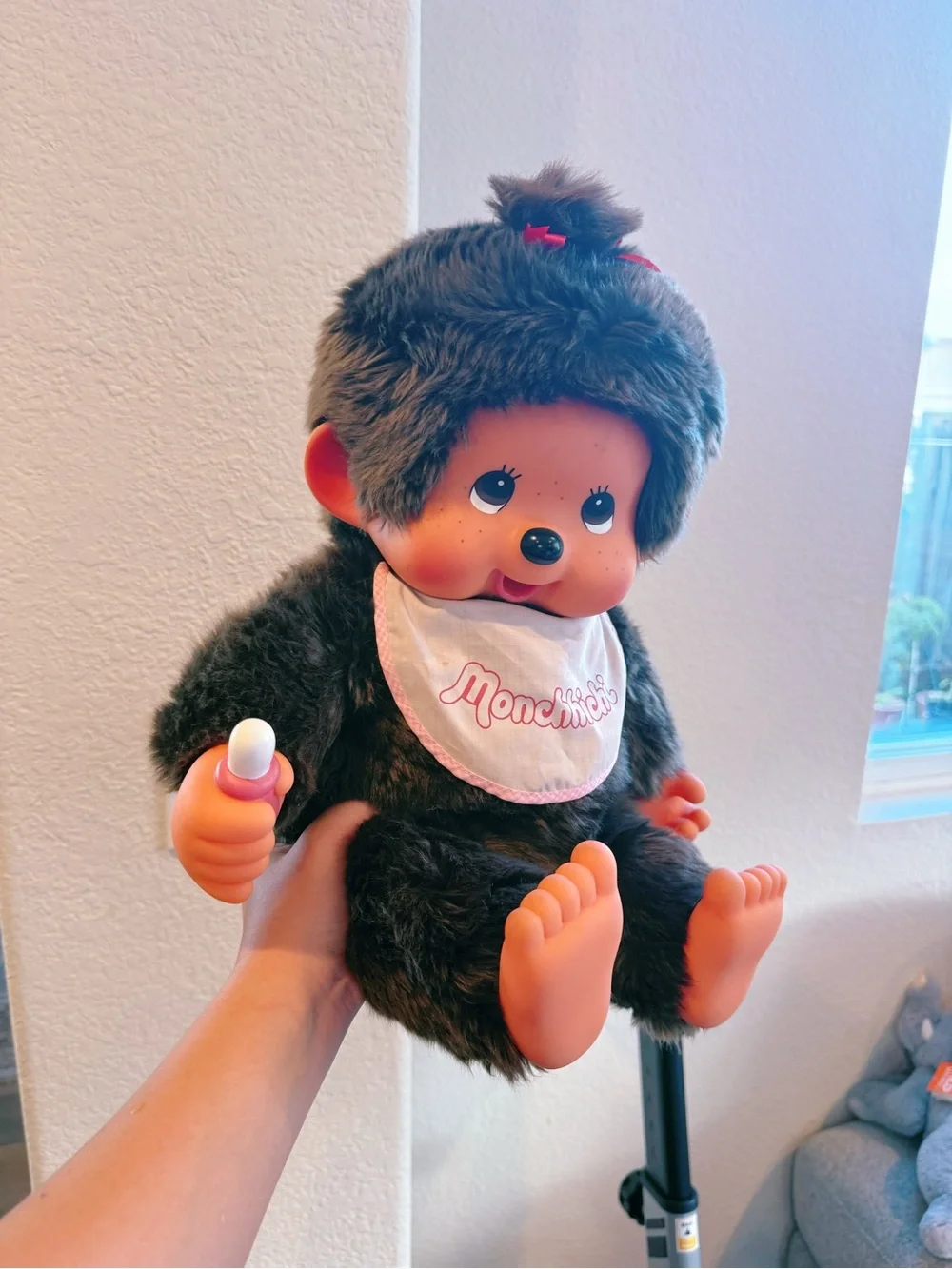 Large vintage Monchhichi girl doll in sitting position